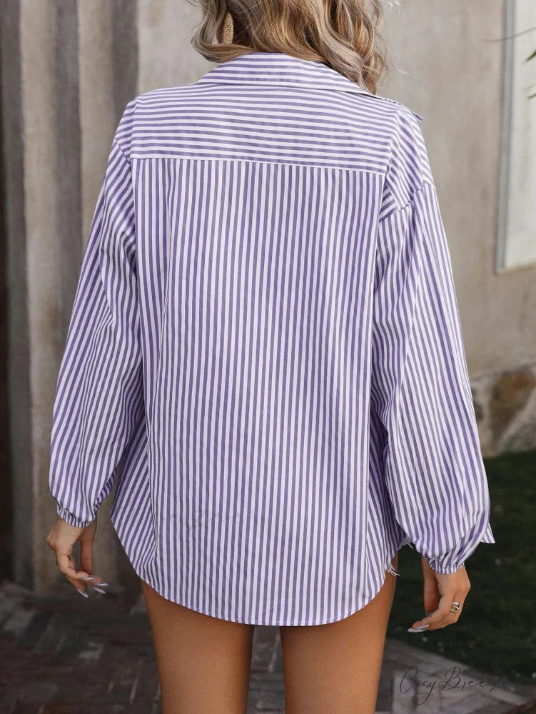 Relaxed Long Sleeve Striped Casual Shirt Blouse blouse-250126
