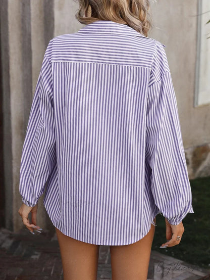 Relaxed Long Sleeve Striped Casual Shirt Blouse blouse-250126