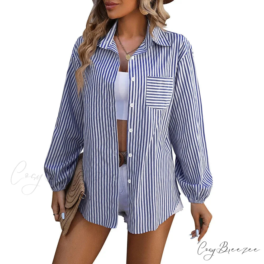 Relaxed Long Sleeve Striped Casual Shirt Blouse Navy Blue / S blouse-250126