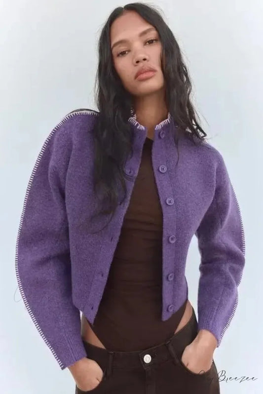 Relaxed Loose High Collar Full Sleeve Cardigan PURPLE / S cardigans-241228