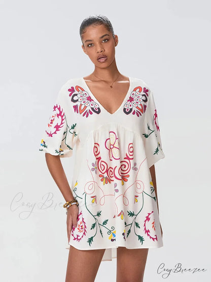 Relaxed Mini Beach Floral Vacation Dress WHITE / S floraldress-250126