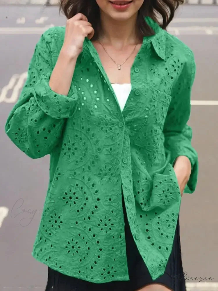 Relaxed Patchwork Collar Embroidered Chic Blouse Green / S blouse-250126