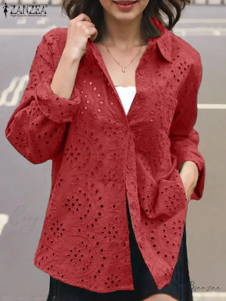 Relaxed Patchwork Collar Embroidered Chic Blouse Red / S blouse-250126
