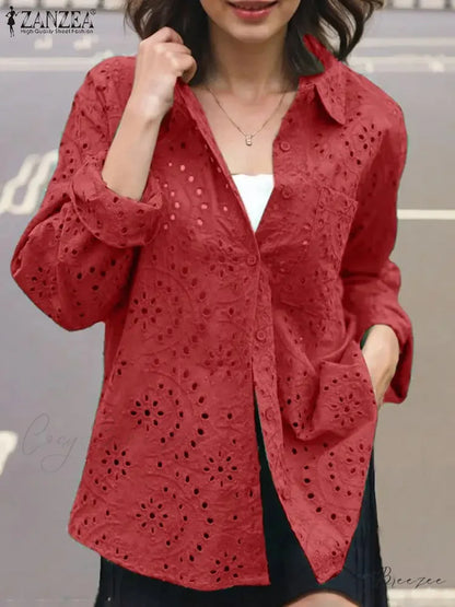Relaxed Patchwork Collar Embroidered Chic Blouse Red / S blouse-250126