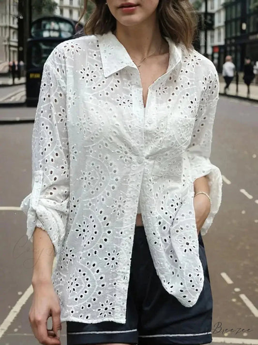 Relaxed Patchwork Collar Embroidered Chic Blouse WHITE / S blouse-250126