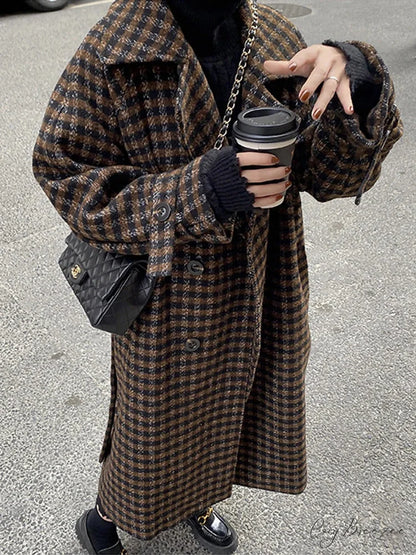 Relaxed Plaid Double-Breasted Wool Coat overcoats-241228