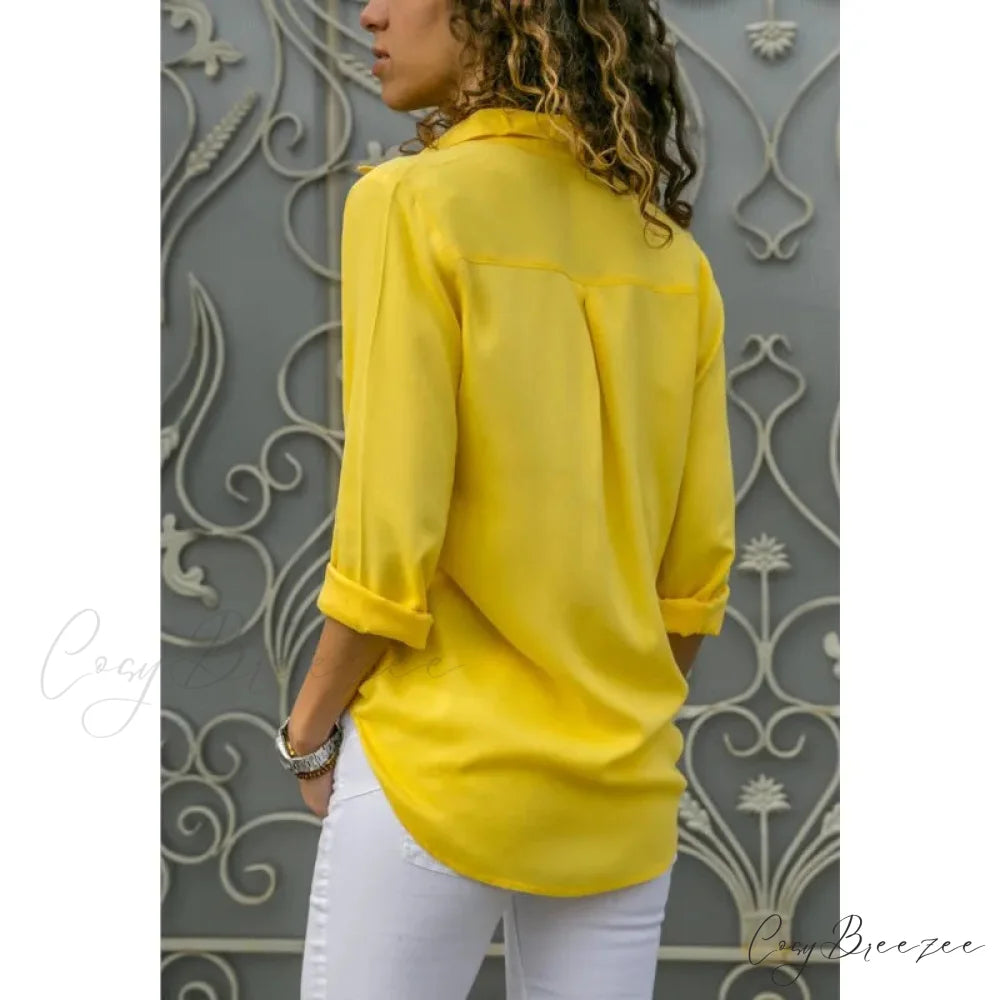Relaxed Plain Color Long Sleeve Buttoned Blouse blouse-250126