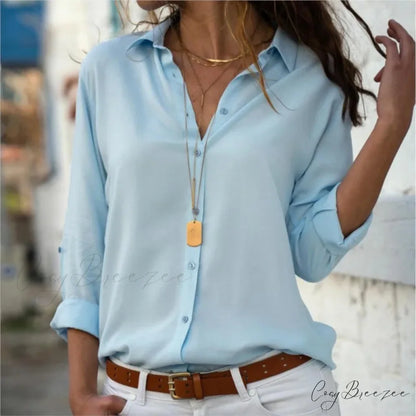 Relaxed Plain Color Long Sleeve Buttoned Blouse blouse-250126