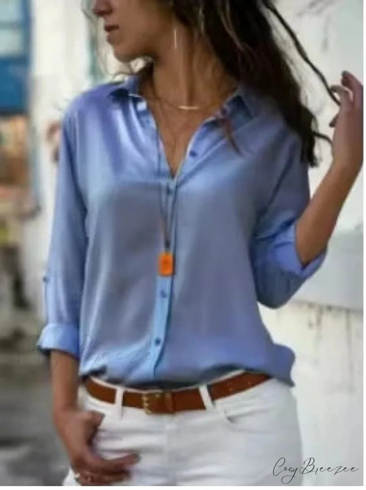 Relaxed Plain Color Long Sleeve Buttoned Blouse Baby blue / S blouse-250126