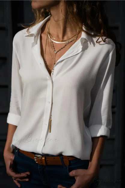 Relaxed Plain Color Long Sleeve Buttoned Blouse White / S blouse-250126