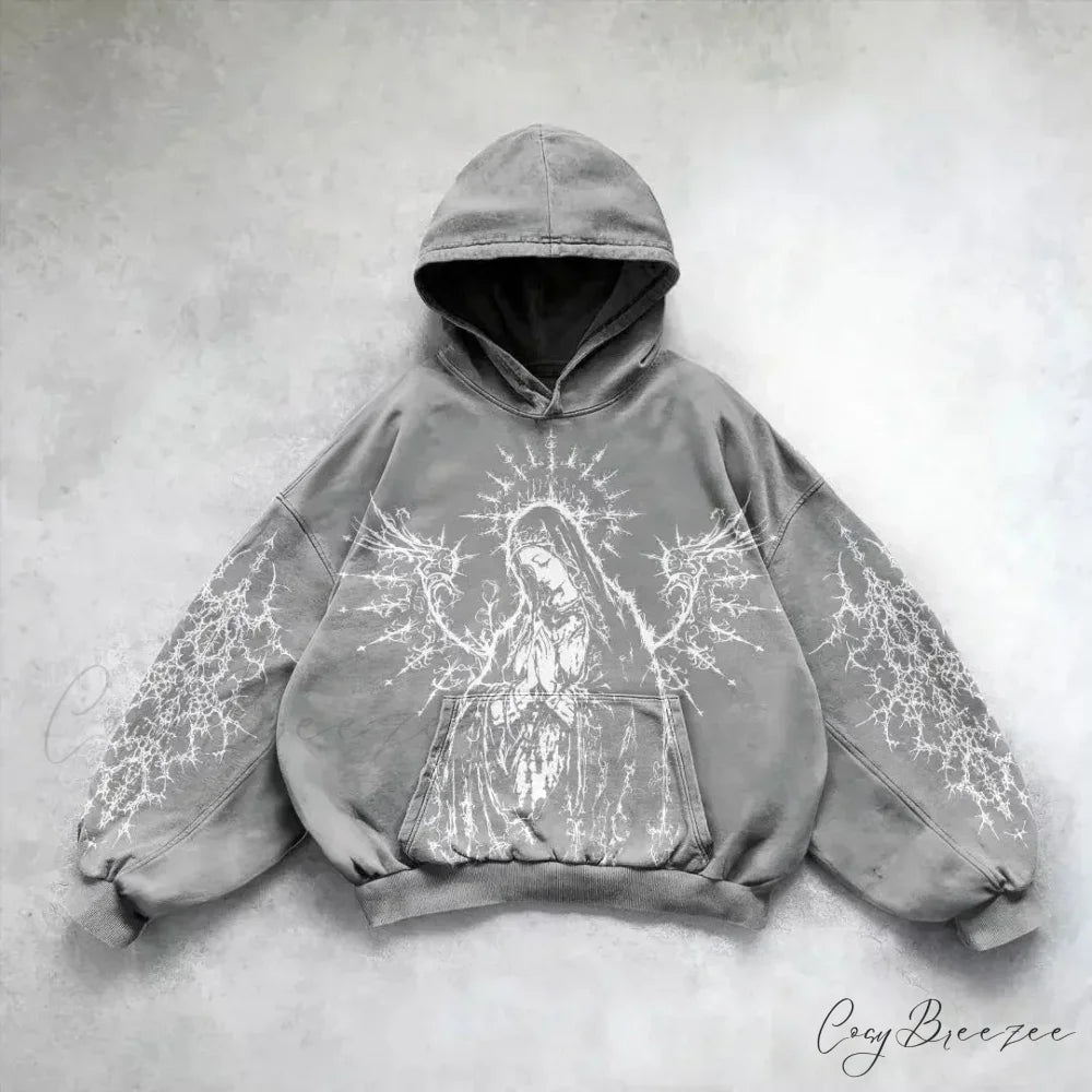 Relaxed Retro Gothic Printing Hoodie grey 2 / M hoodies-241228