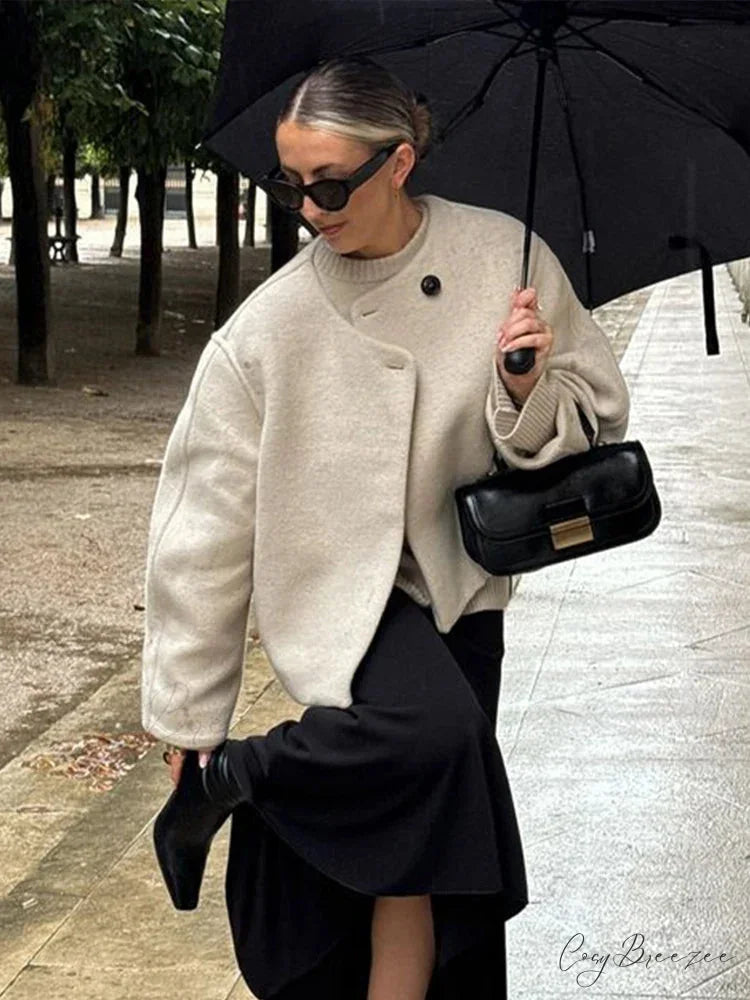 Relaxed Round Neck Loose Woolen Coat overcoats-241228