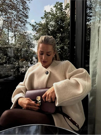 Relaxed Round Neck Loose Woolen Coat overcoats-241228