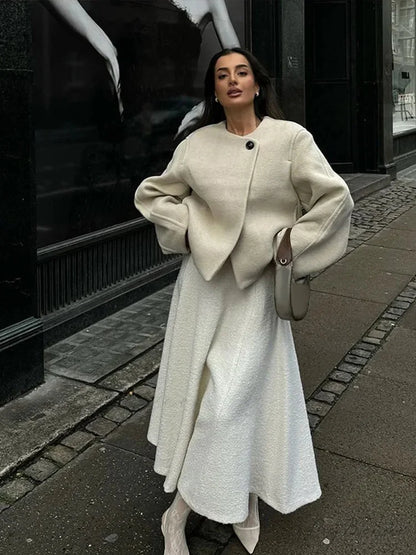 Relaxed Round Neck Loose Woolen Coat overcoats-241228
