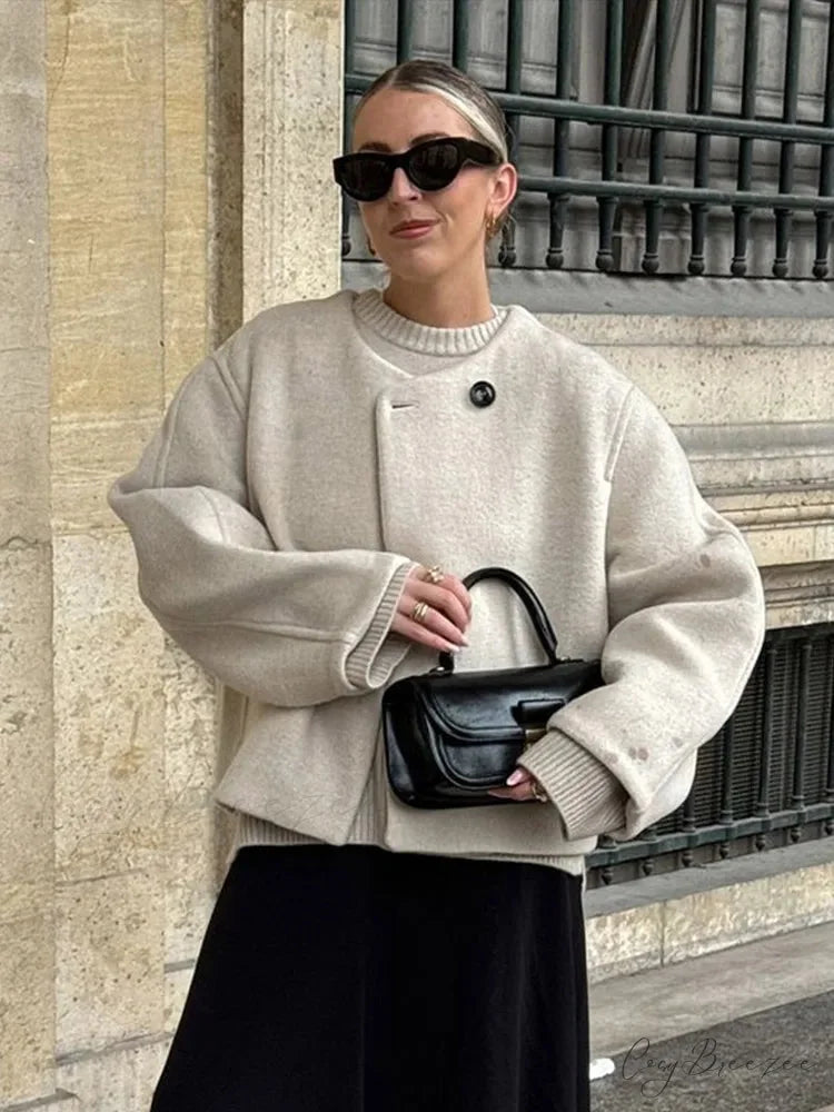 Relaxed Round Neck Loose Woolen Coat overcoats-241228