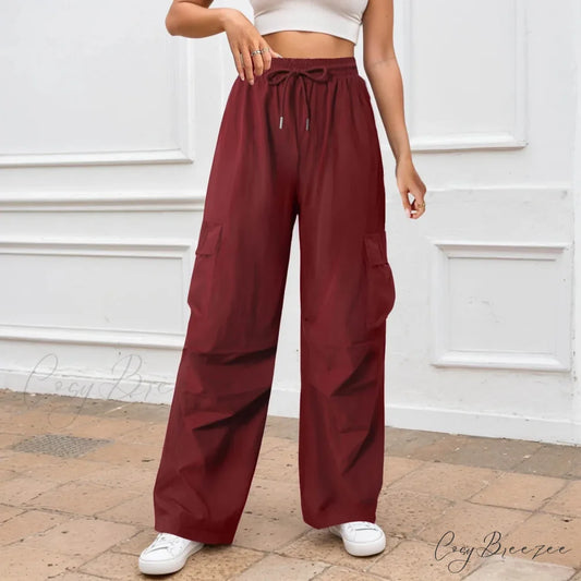 Relaxed Solid Color Wide Leg Pants Red / S pants-241228