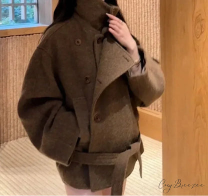 Relaxed Wool Lace-Up Stand Collar Coat overcoats-241228