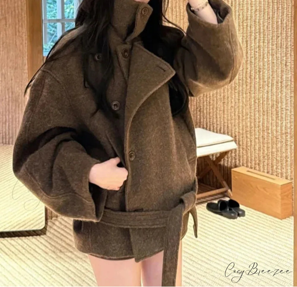 Relaxed Wool Lace-Up Stand Collar Coat overcoats-241228