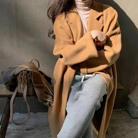 Relaxed Woolen Notch Collar Spring Coat camel / S overcoats-241228