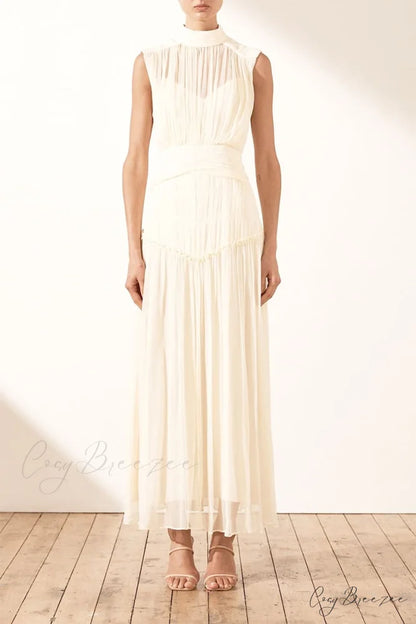 Remarkable Moment High Trendy Neck Maxi Dress White / S