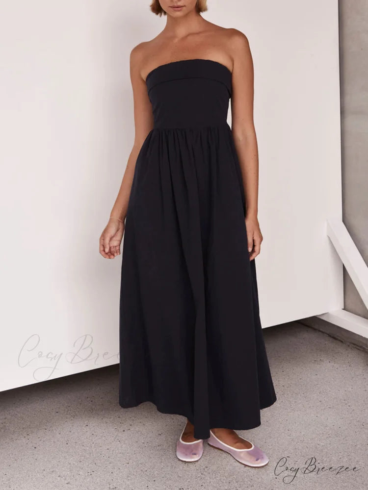 Resort Style Tulare Charming Strapless Midi Dress Navy Blue / S
