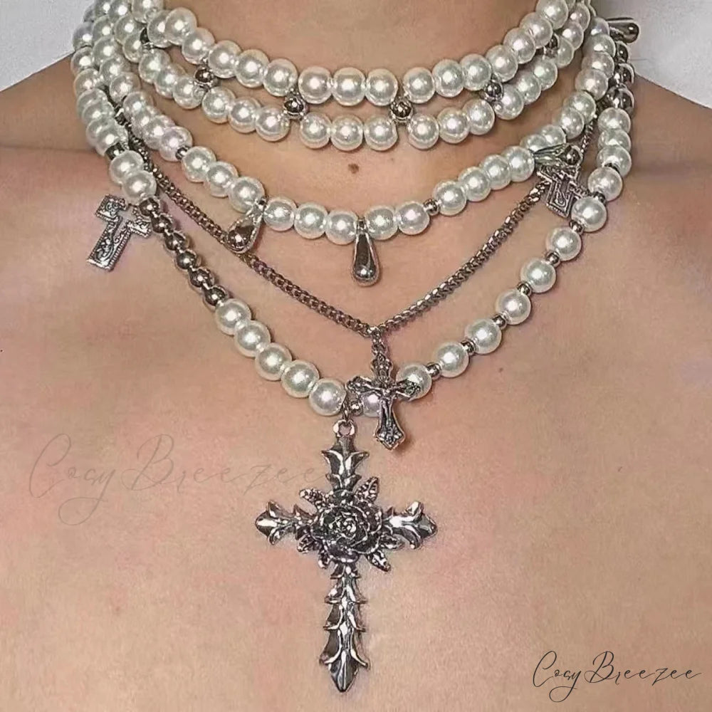 Retro Baroque Style Cross Pearl Layered Fashion Necklace