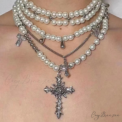 Retro Baroque Style Cross Pearl Layered Fashion Necklace