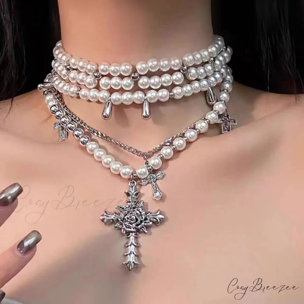 Retro Baroque Style Cross Pearl Layered Fashion Necklace