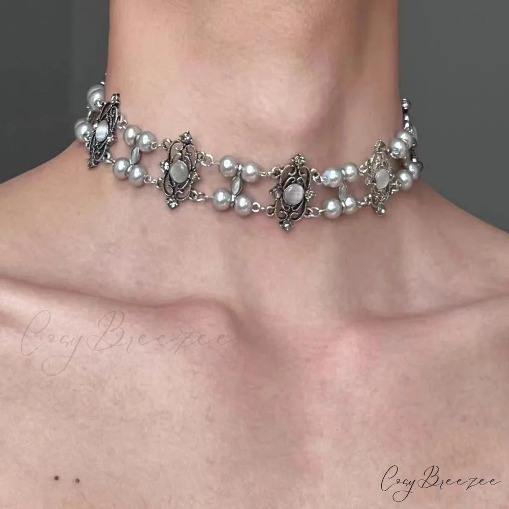 Retro Baroque Style Cross Pearl Layered Fashion Necklace GREY
