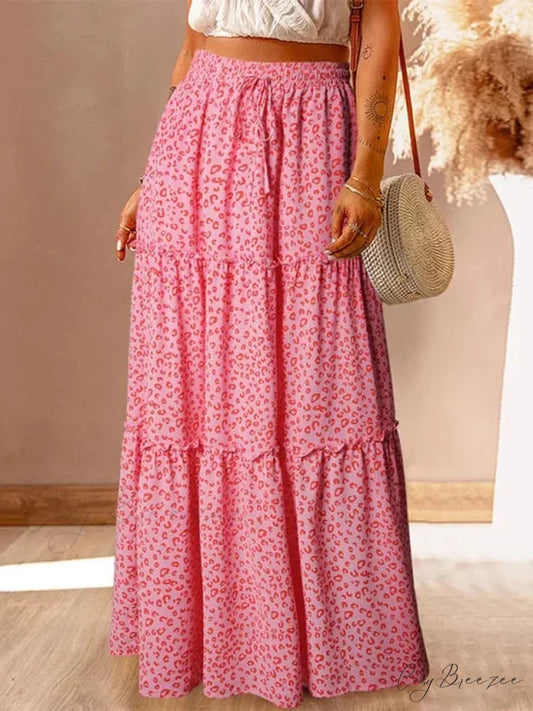 Retro Bohemian Spring Floral A-Line High Waist Maxi Skirt Pink / S skirt-250126