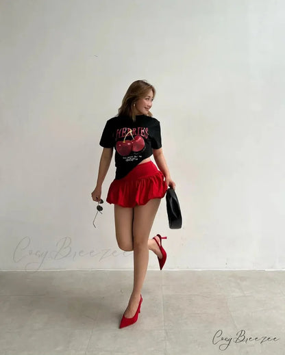Retro Cherry Print Tee Skirt Set t-shirt-250223