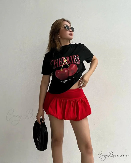 Retro Cherry Print Tee Skirt Set t-shirt-250223