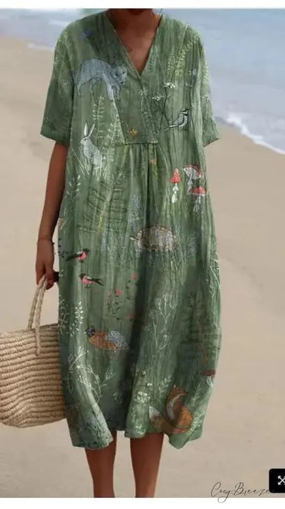 Retro Circle Print Boho Floral Dress Military Green / S oldfloraldress-250126