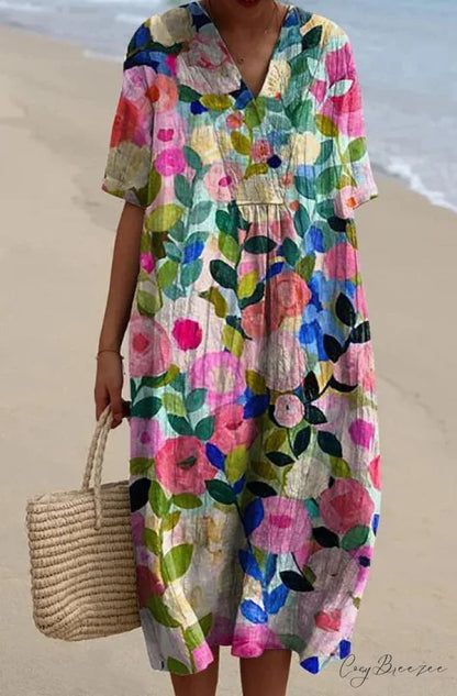 Retro Circle Print Boho Floral Dress Red / S oldfloraldress-250126