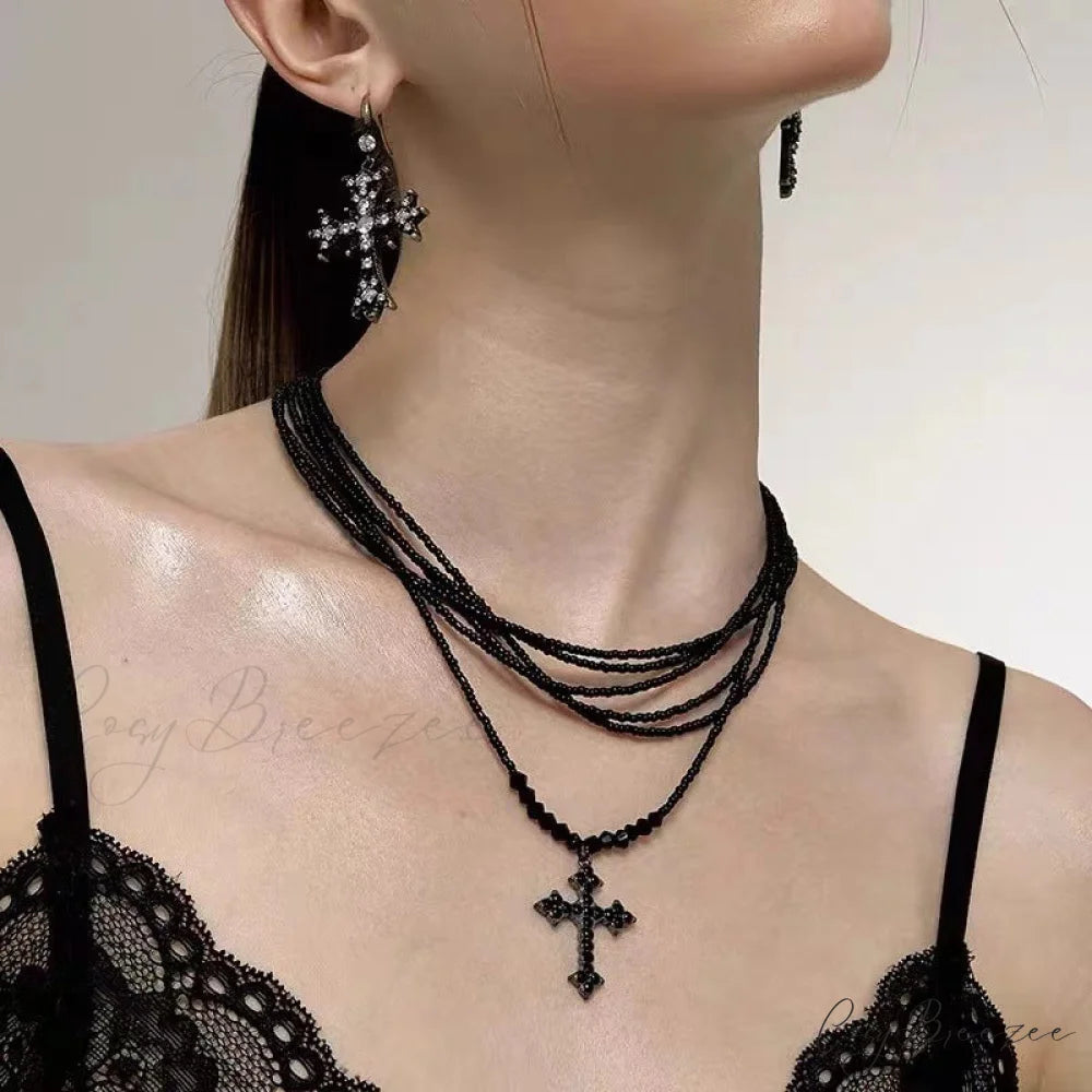 Retro Cross Layered Beaded Sweet Cool Punk Necklace BLACK