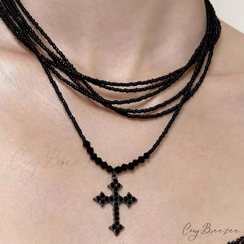 Retro Cross Layered Beaded Sweet Cool Punk Necklace BLACK