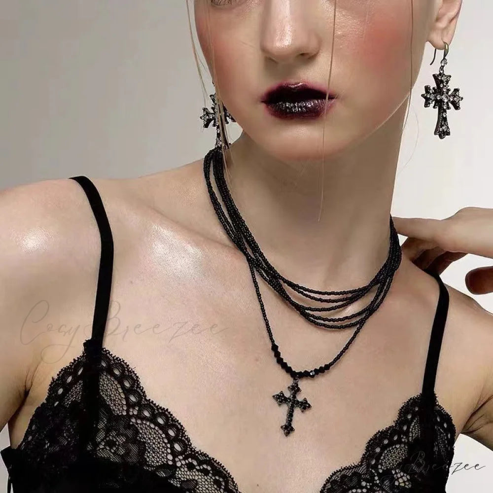 Retro Cross Layered Beaded Sweet Cool Punk Necklace BLACK
