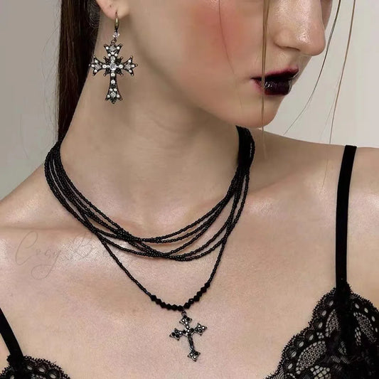Retro Cross Layered Beaded Sweet Cool Punk Necklace BLACK