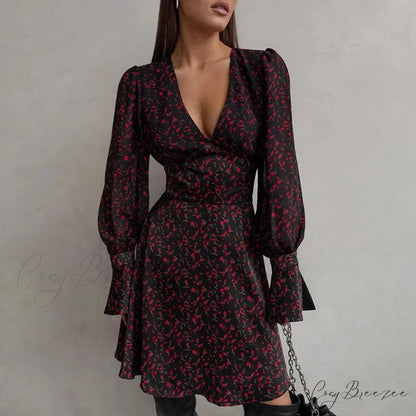 Retro Deep V-neck Long Sleeve Dress floraldress-250126