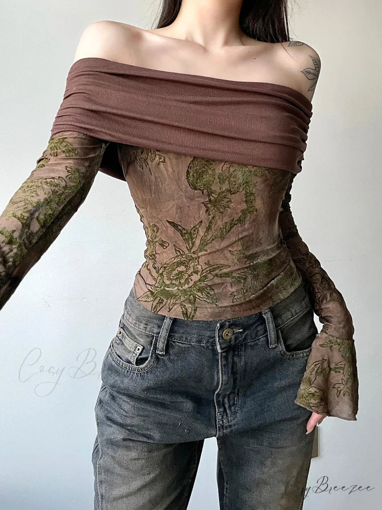 Retro Floral Patchwork Slim Slash Neck Flare Sleeve Long Sleeve Knit Top Brown / S knittop-250126