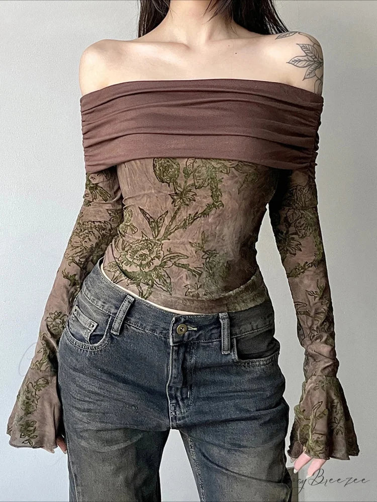 Retro Floral Patchwork Slim Slash Neck Flare Sleeve Long Sleeve Knit Top knittop-250126