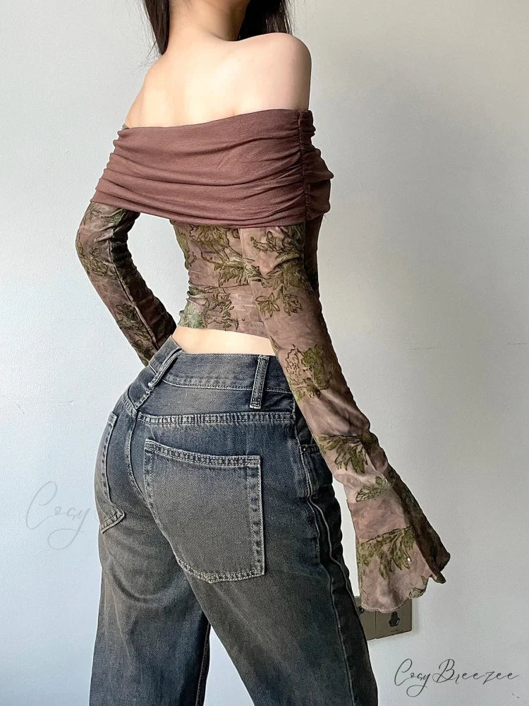 Retro Floral Patchwork Slim Slash Neck Flare Sleeve Long Sleeve Knit Top knittop-250126