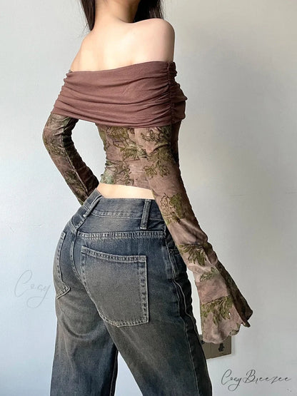 Retro Floral Patchwork Slim Slash Neck Flare Sleeve Long Sleeve Knit Top knittop-250126