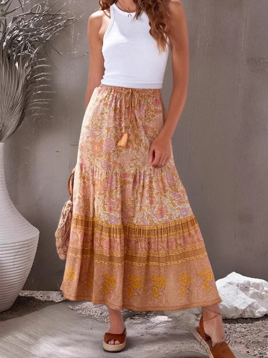 Retro Floral Peacock Printed High Waist Beach Boho Skirt orange / S skirt-250126