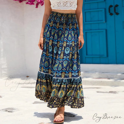 Retro Floral Peacock Skirt High Elastic Beach Bohemian A-line Navy blue / S skirt-250126