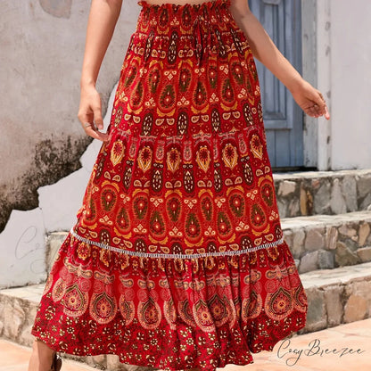 Retro Floral Peacock Skirt High Elastic Beach Bohemian A-line Red / S skirt-250126