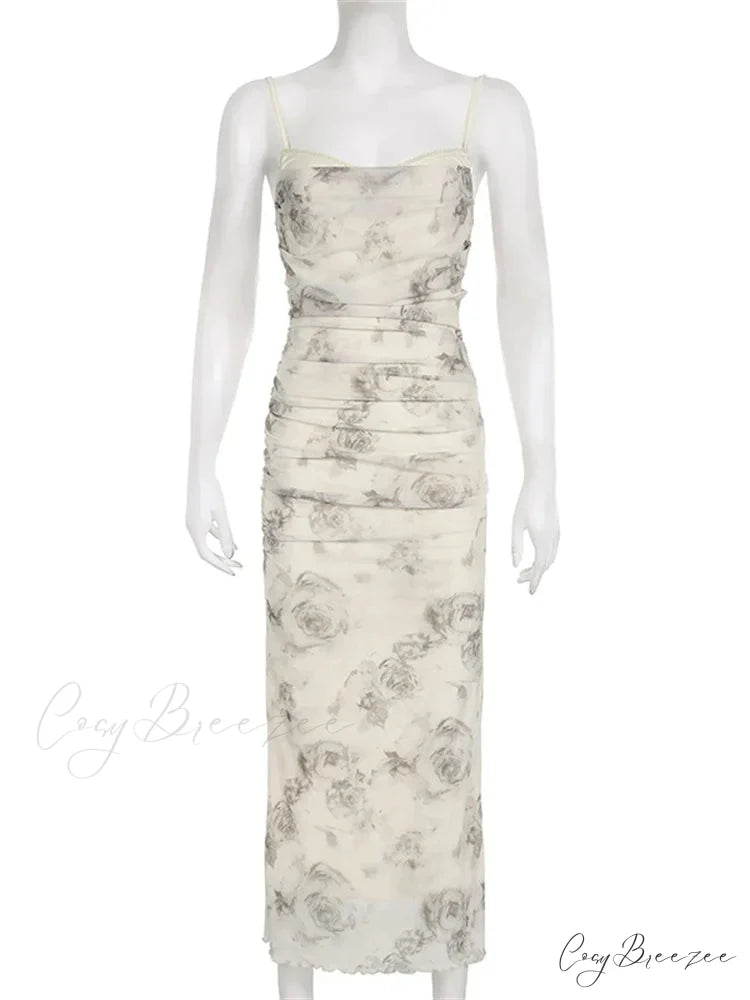 Retro Floral Print for Women Sleeveless Strap V-neck Ruched Split Summer Party Female Vestidos