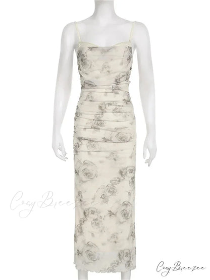 Retro Floral Print for Women Sleeveless Strap V-neck Ruched Split Summer Party Female Vestidos