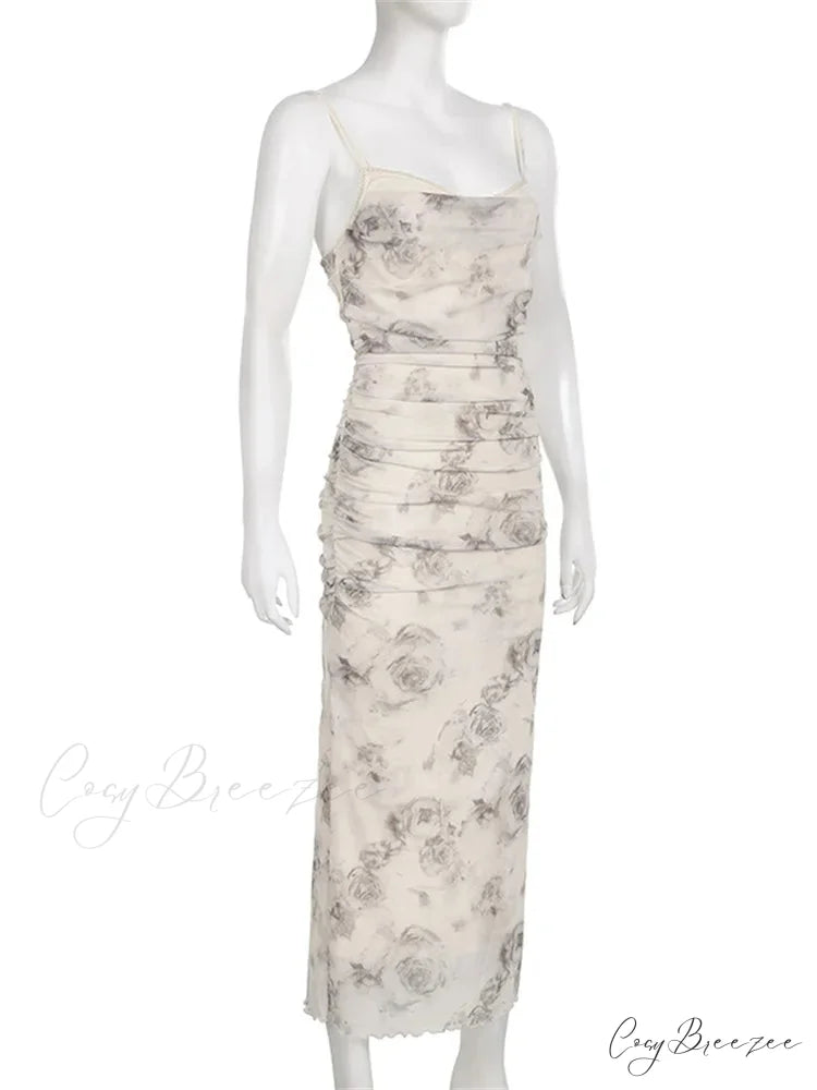 Retro Floral Print for Women Sleeveless Strap V-neck Ruched Split Summer Party Female Vestidos