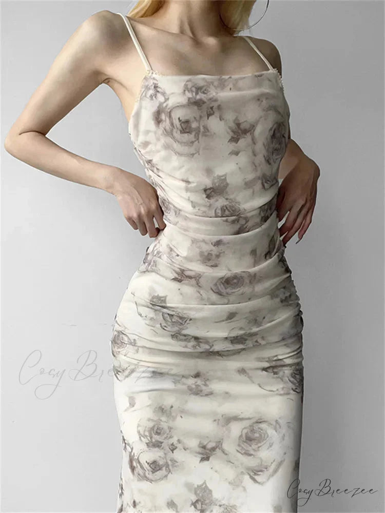 Retro Floral Print for Women Sleeveless Strap V-neck Ruched Split Summer Party Female Vestidos